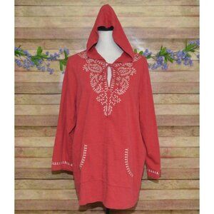 Avenue Womens Hoodie Red Embroidered Pocket 22/24 Cotton Keyhole Neckline Casual